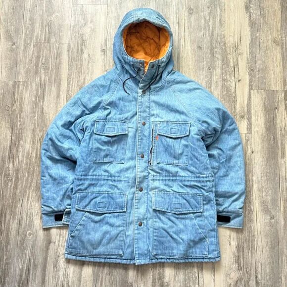 Vintage 70s Levi's Denim Hooded Jacket Orange Tab Size Medium Talon Zipper